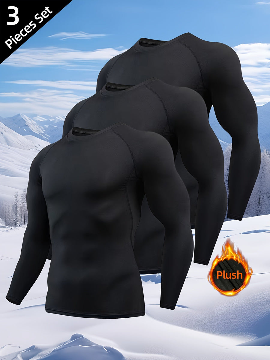Herren Thermoshirt Langarm Schwarz Rundhals 3er-Set