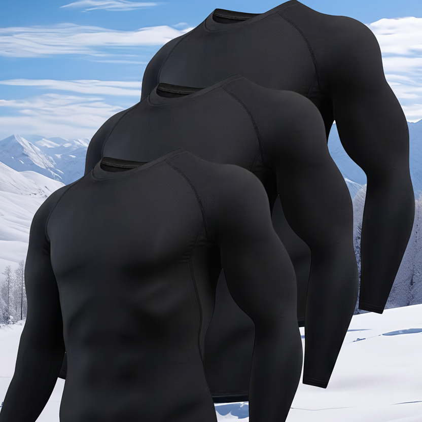 Herren Thermoshirt Langarm Schwarz Rundhals 3er-Set