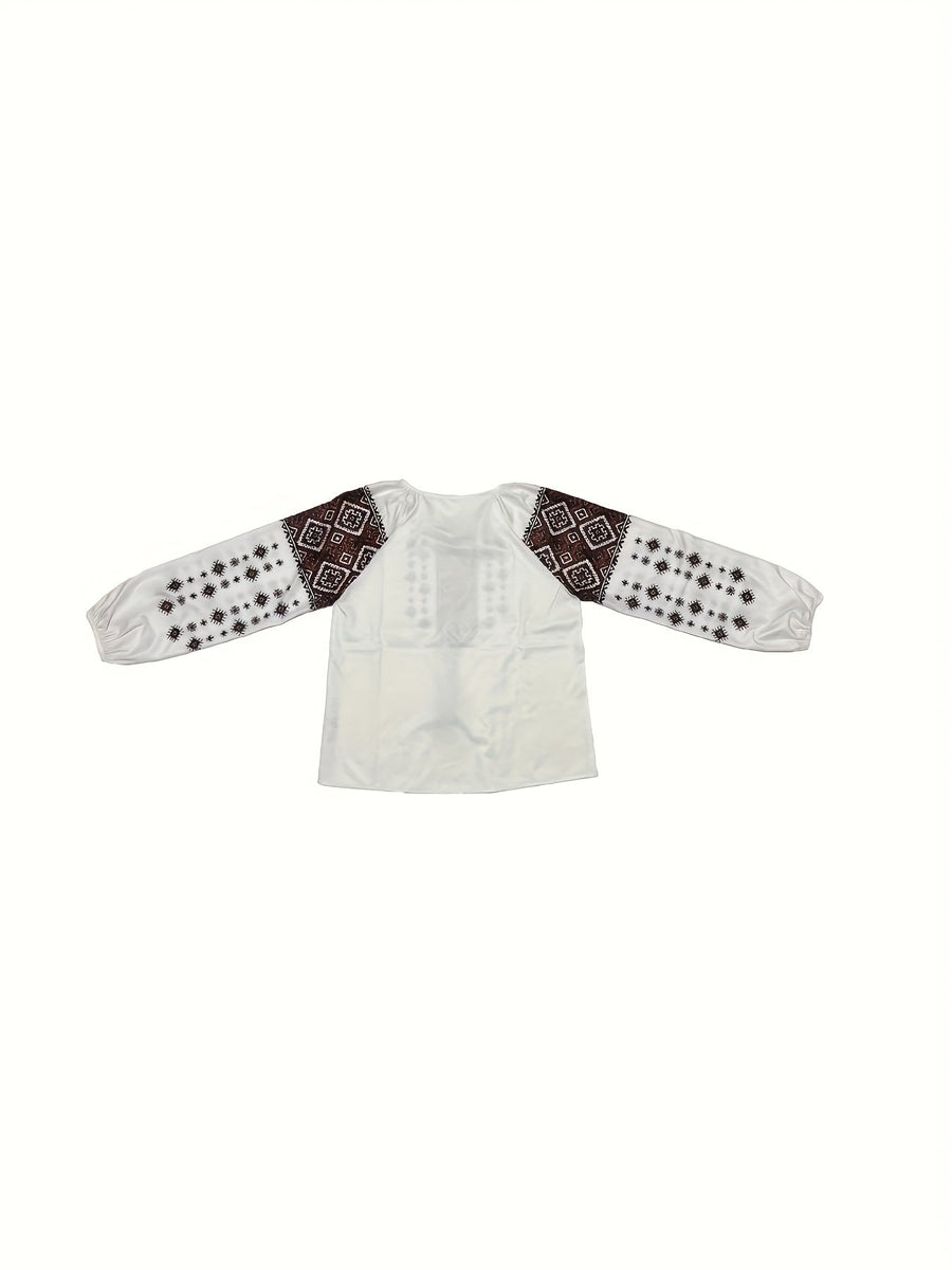 Damen Bluse mit runden Ausschnitt und rot-brauner Stickerei