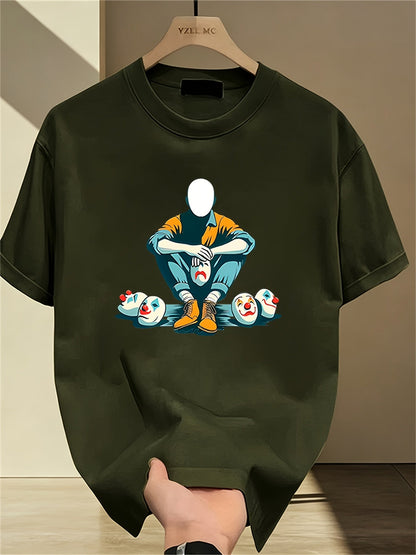 Herren T-Shirt mit künstlerischem Print – Abstrakte Figur und Clownsmasken, Modernes Streetwear Design