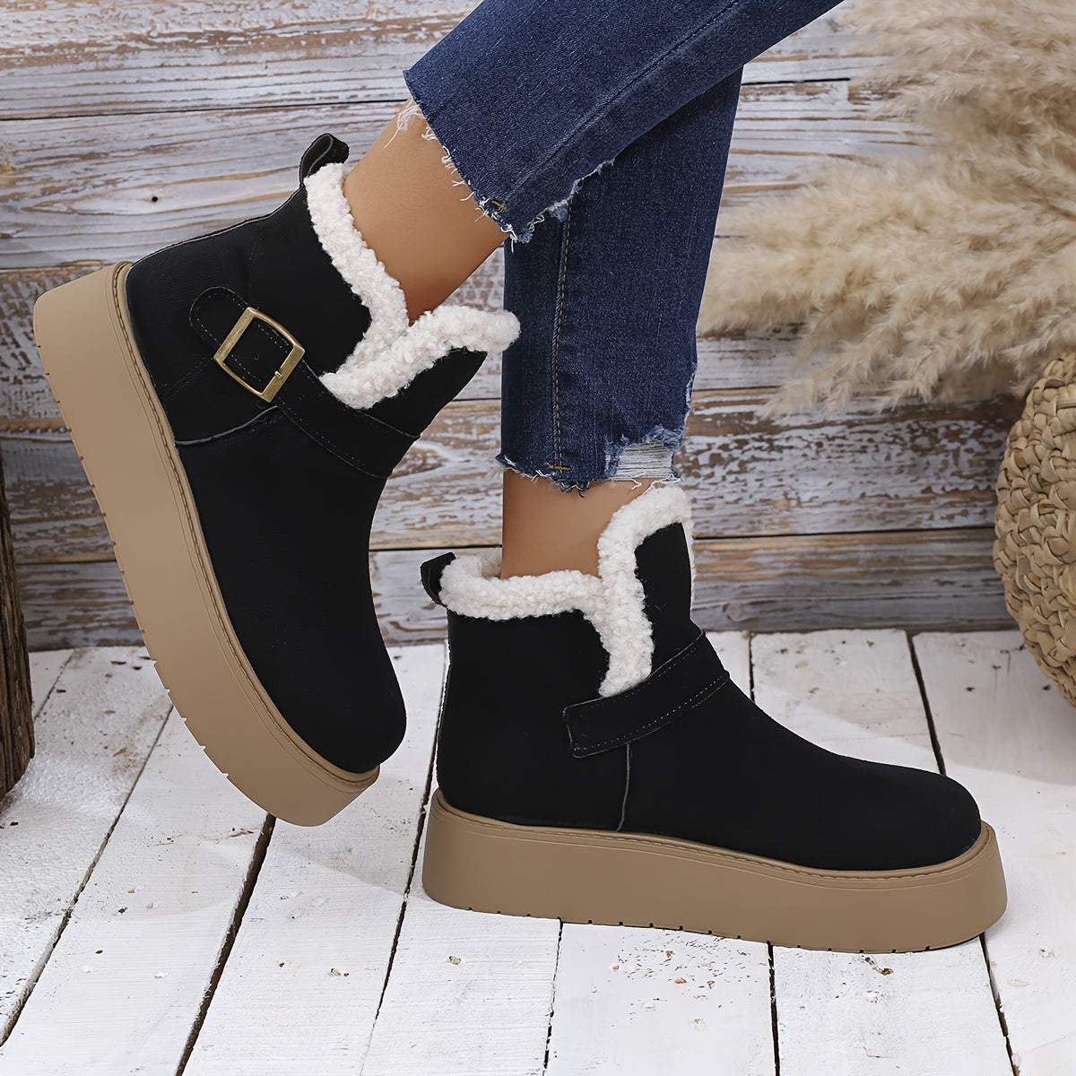 Damen Plateaustiefelette mit weichem Futter, Schnalle & dicker Sohle Schwarz