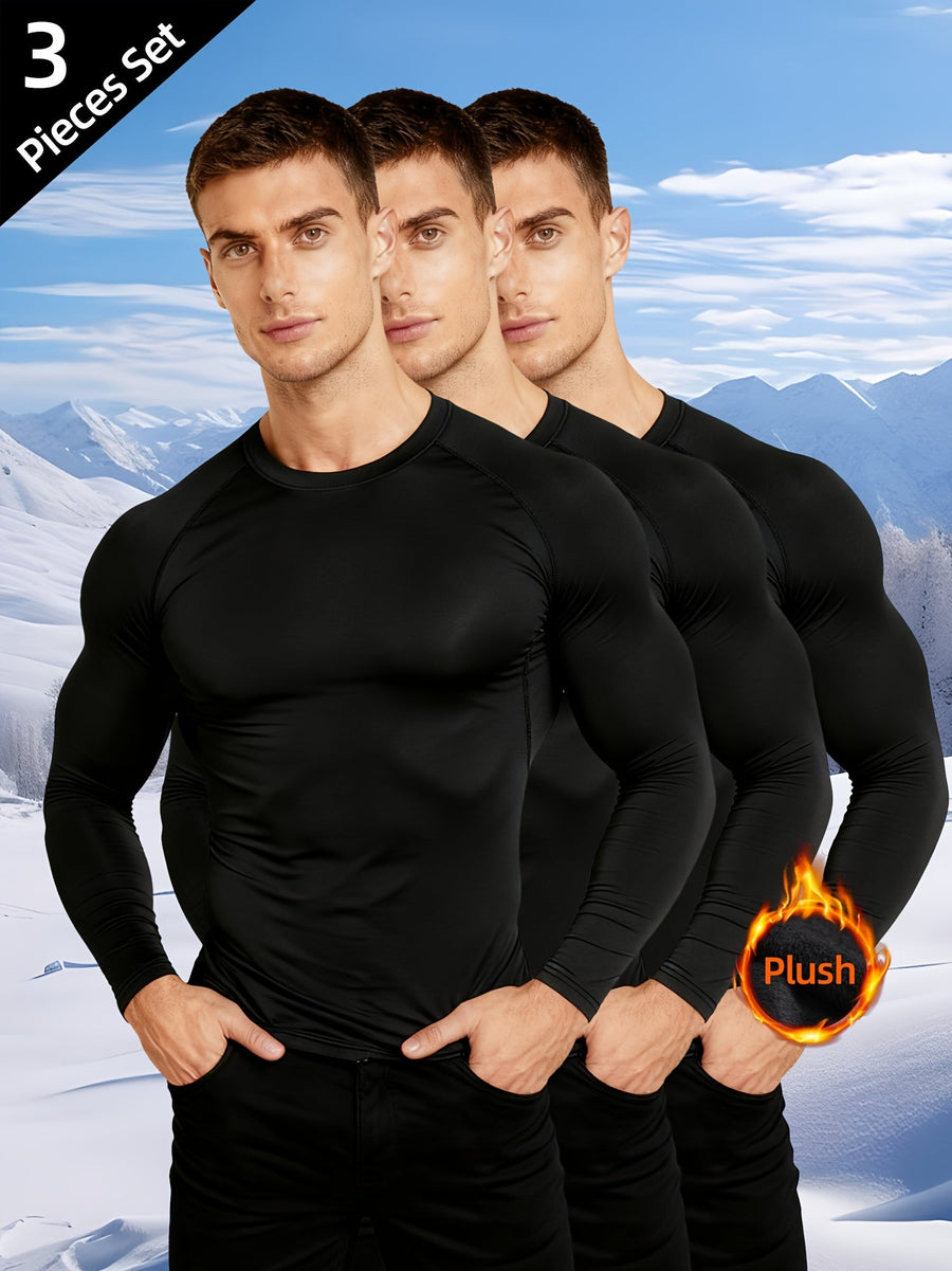 Herren Thermoshirt Langarm Schwarz Rundhals 3er-Set