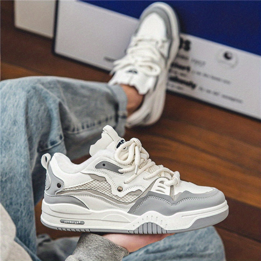 Sneaker mit Plüschfutter in Grau-Weiß, klobige Sohle, Schnürung