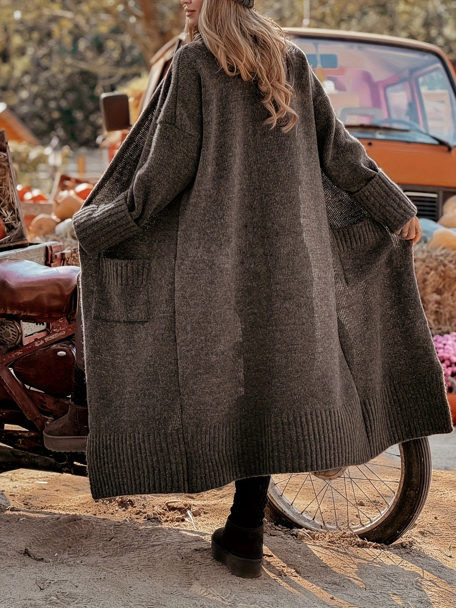 Damen Langer Cardigan Offen Strickjacke Braun Herbst Winter