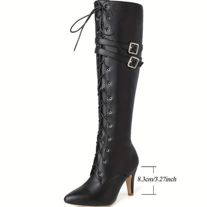 Damen Stiefel Schwarz mit Schnürung, hohem Absatz und Schnallen