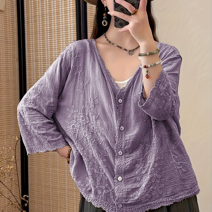 Damen Bluse Langarm V-Ausschnitt Bestickt mit Knopfleiste und Spitze