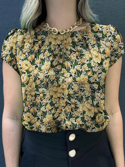 Damen Bluse mit floraler Musterung und kurzen Ärmeln – Eleganter, vielseitiger Style für Büro und Freizeit