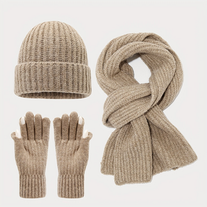 Unisex Strickmütze Schal Handschuh Set Gerippt Beige Winter Accessoire