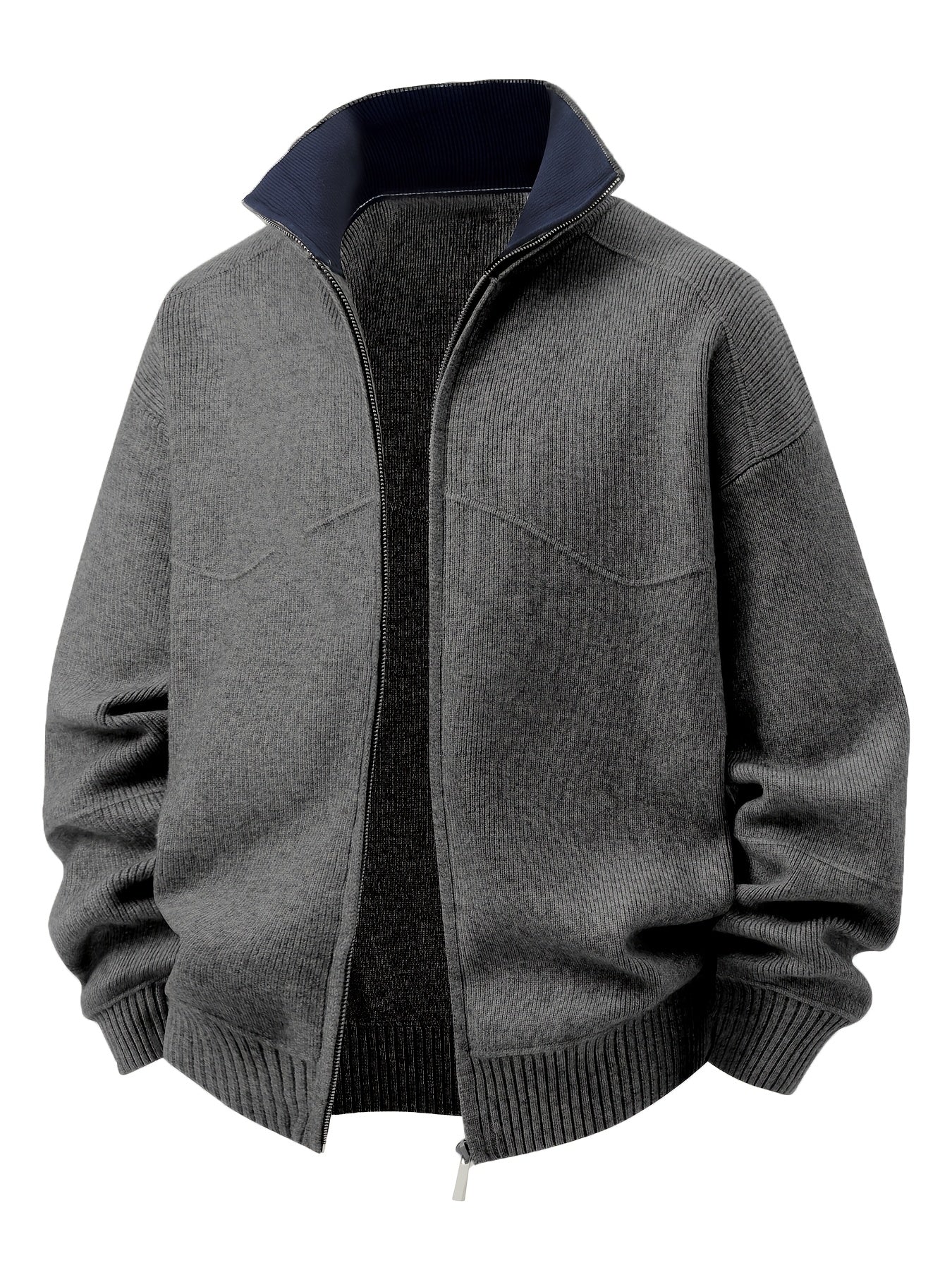Herren Strickjacke Reißverschluss Stehkragen Dunkelgrau