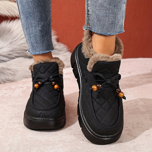 Damen Winterstiefeletten Stepp-Design Plateau Kunstfellfutter mit Zierperlen Schnürung