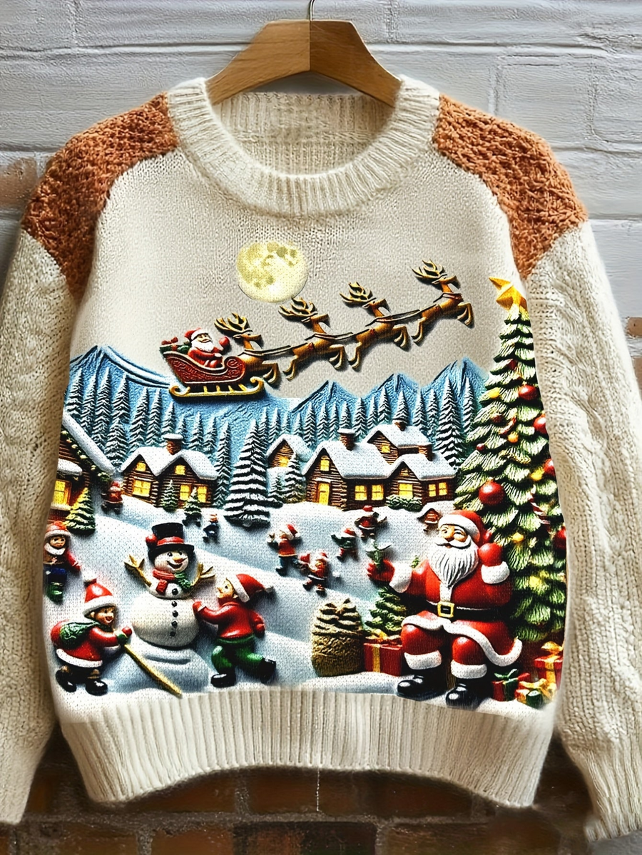 Creme-farbener Strickpullover mit Rundhalsausschnitt und Motiv