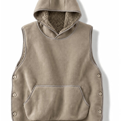 Unisex Kapuzenweste Fleece-Optik mit Kängurutasche und seitlichen Knöpfen
