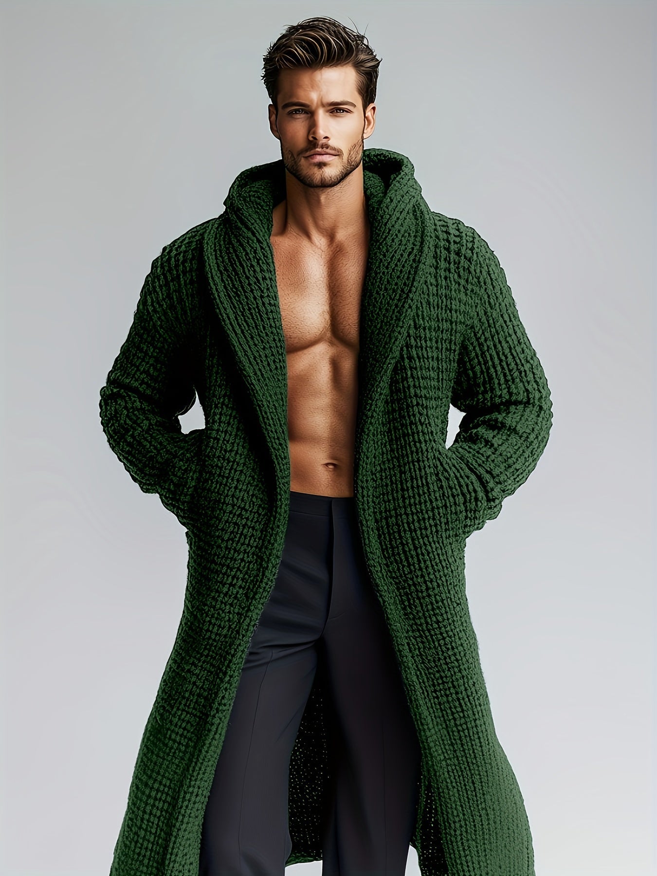 Herren Strickmantel mit Kapuze | Langer Bademantel in Waffelstruktur