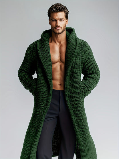 Herren Strickmantel mit Kapuze | Langer Bademantel in Waffelstruktur