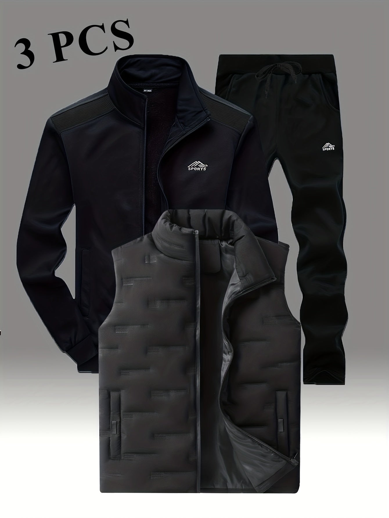 Herren 3-teiliges Sportoutfit mit Stehkragen-Trainingsjacke, Jogginghose und Steppweste