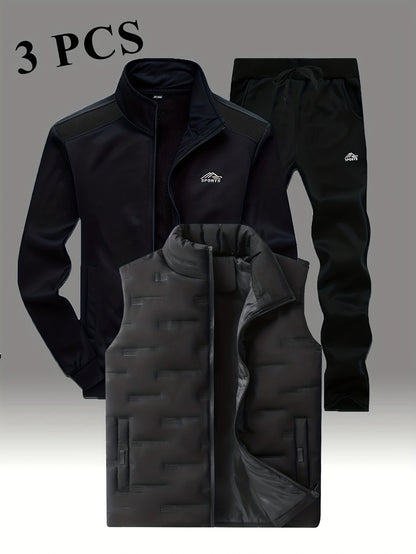 Herren 3-teiliges Sportoutfit mit Stehkragen-Trainingsjacke, Jogginghose und Steppweste