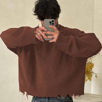 Unisex Distressed Pullover mit Rundhals und Rippstrickbündchen