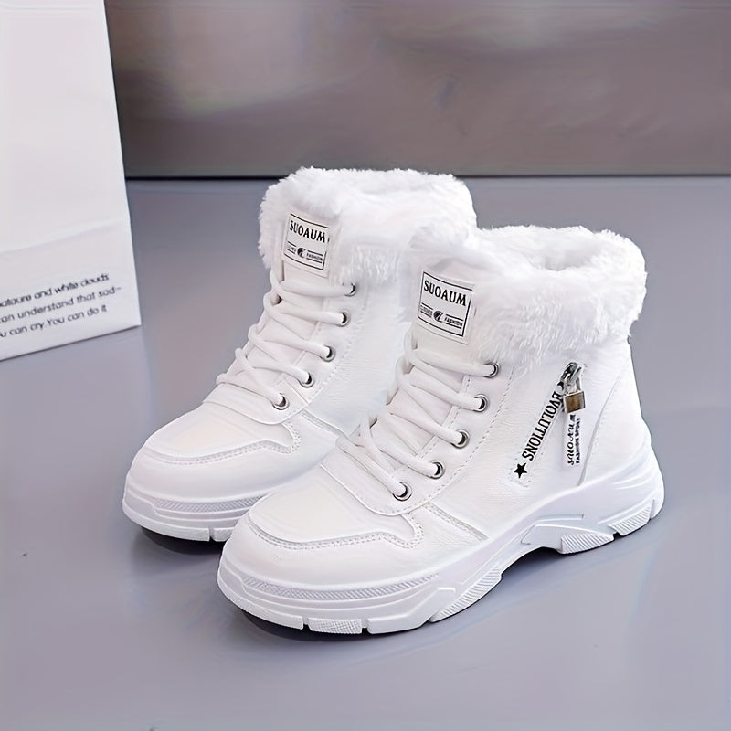 Winterstiefel Damen gefüttert Weiß Khaki Schnürung Profilsohle