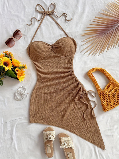 Damen Bodycon Kleid mit Neckholder und asymmetrischem Saum – Elegantes Partykleid für Urlaub & Abende