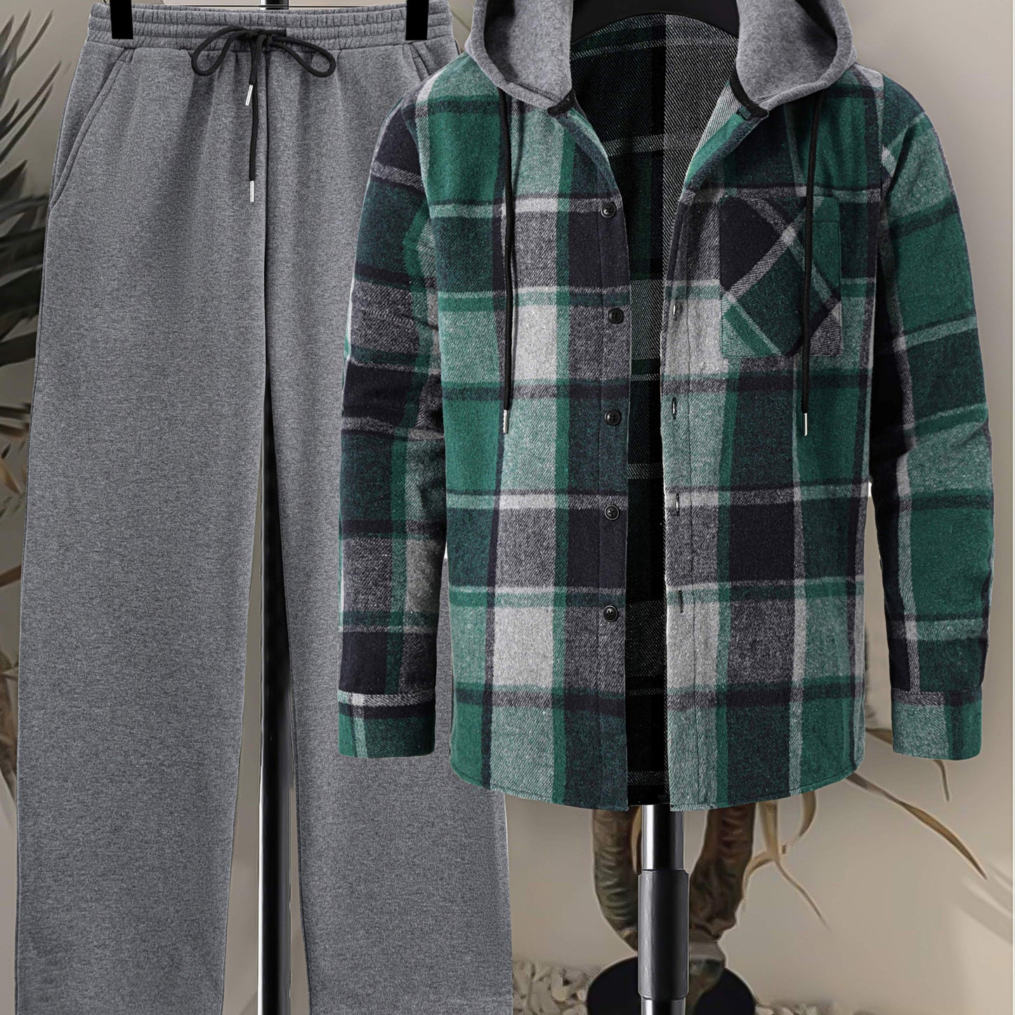 Herren Kariertes Flanell Hemd mit Kapuze & Einfarbige Jogginghose Set Grau