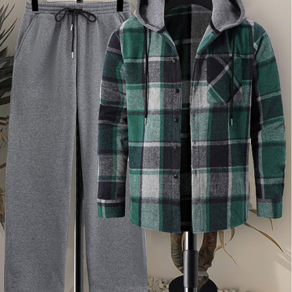 Herren Kariertes Flanell Hemd mit Kapuze & Einfarbige Jogginghose Set Grau