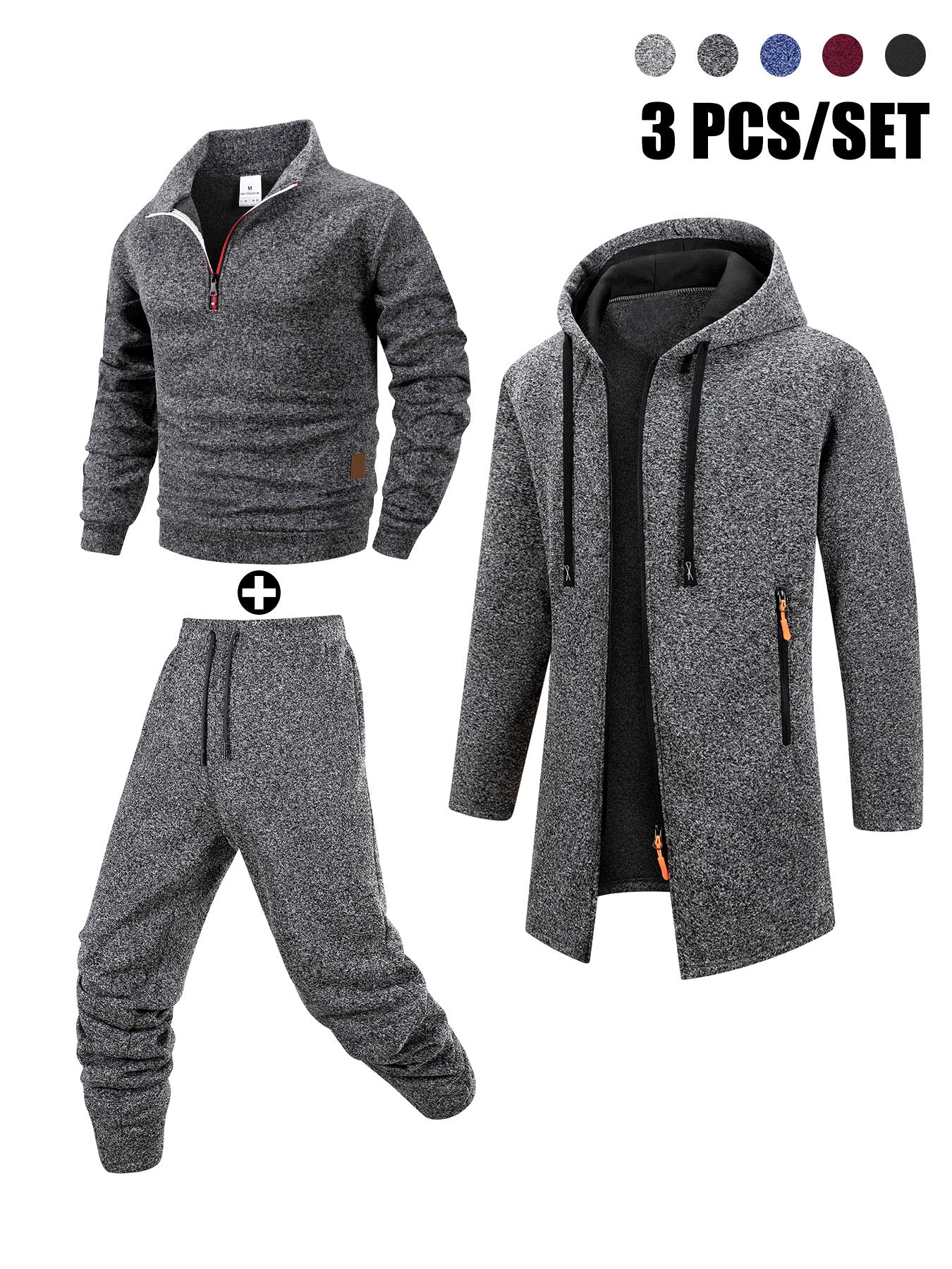 Herren 3-teiliger Trainingsanzug Set mit Kapuzenmantel, Pullover und Hose