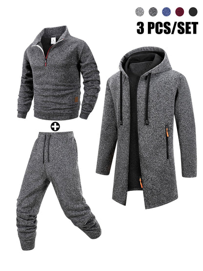 Herren 3-teiliger Trainingsanzug Set mit Kapuzenmantel, Pullover und Hose