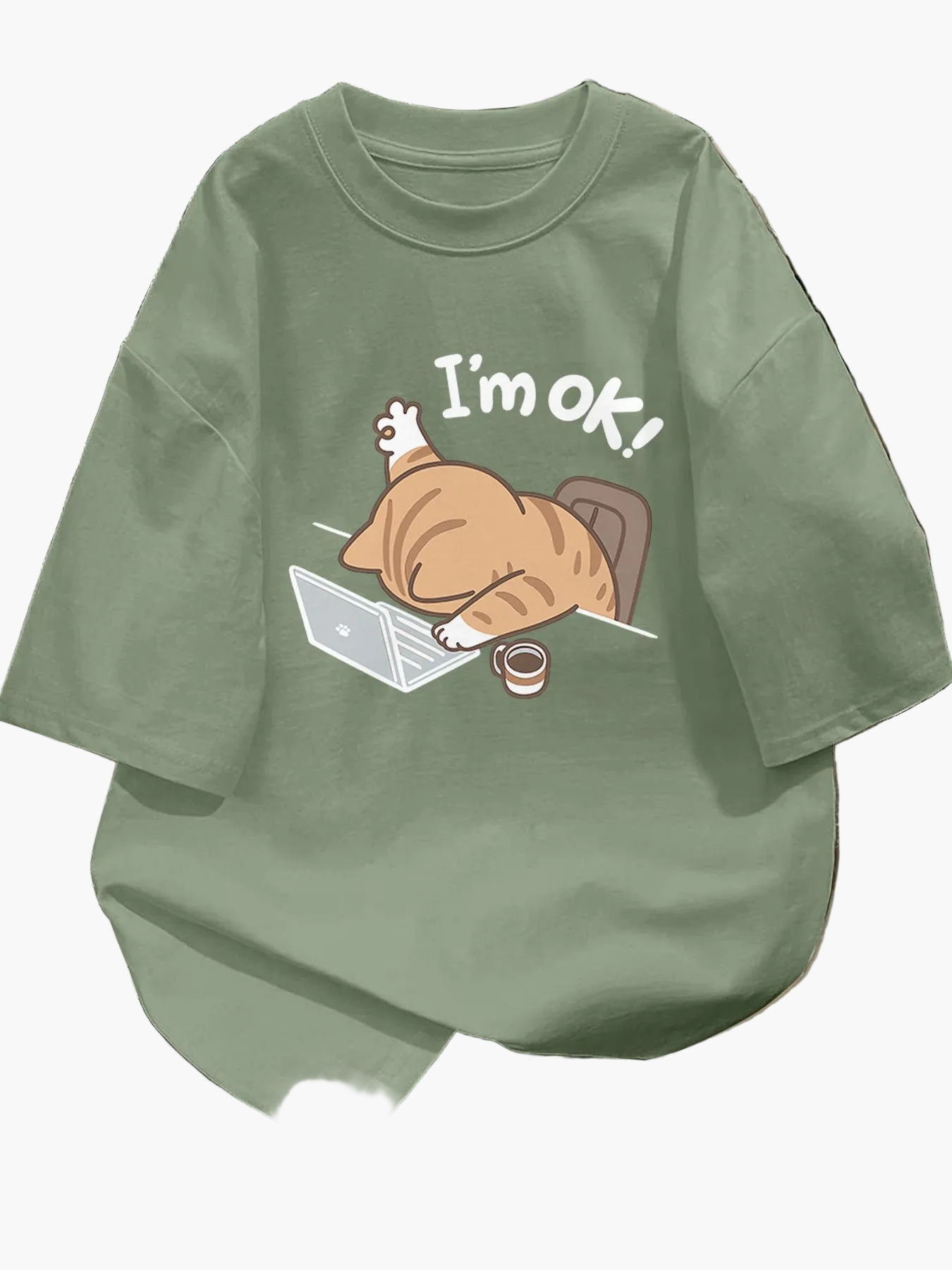 Damen Oversize T-Shirt mit lustigem Katzen-Motiv und Spruch "I'm ok!" – Lockeres Streetwear für Alltag & Freizeit