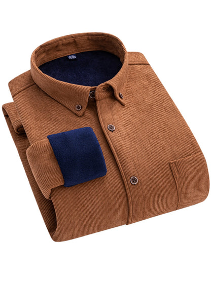 Cordhemd Herren Langarm Gefüttert Knopfleiste Brusttasche