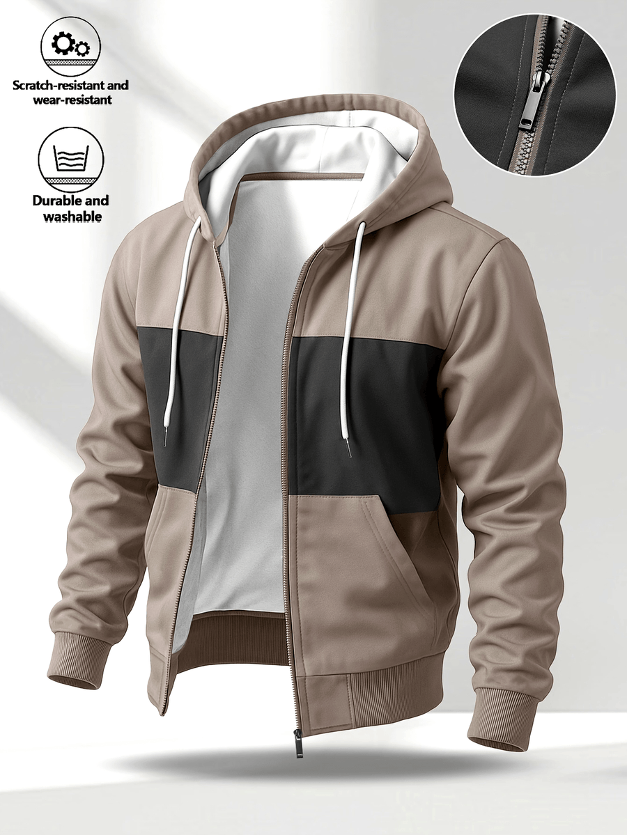 Herren Kapuzenjacke mit Reißverschluss, Color-Block, Rippbündchen, Khaki-Schwarz