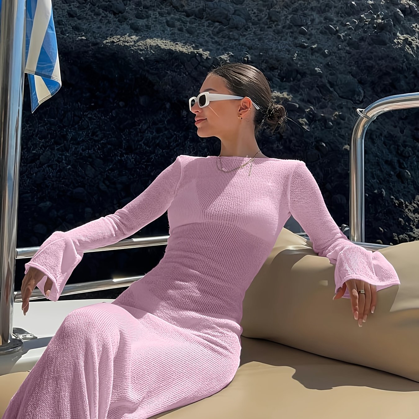 Damen Maxi Kleid mit langen Ärmeln und elegantem Wave-Design – Stilvolles Urlaubsoutfit für Strand und Yacht