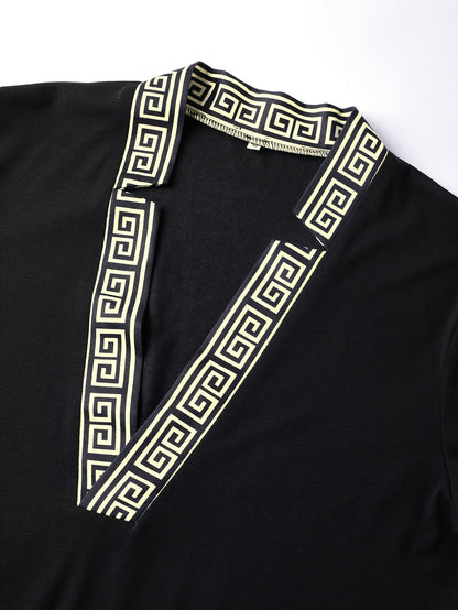 Herren Designer-Shirt mit tiefem V-Ausschnitt und geometrischem Muster – Elegantes Freizeit- & Partyhemd