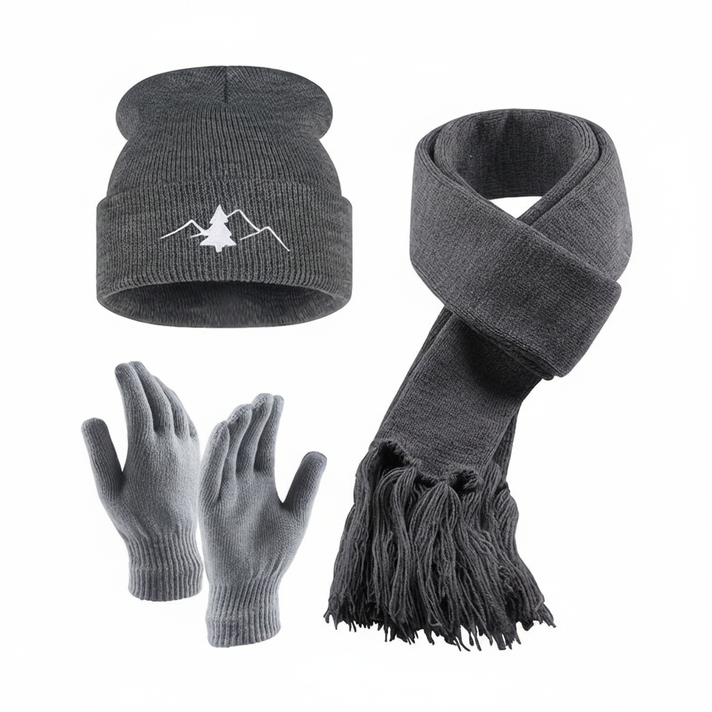 Unisex Winter Set Mütze Schal Handschuhe – Gestrickt mit Bergmotiv – In verschiedenen Farben