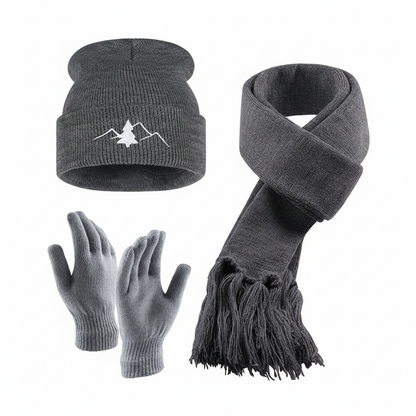 Unisex Winter Set Mütze Schal Handschuhe – Gestrickt mit Bergmotiv – In verschiedenen Farben
