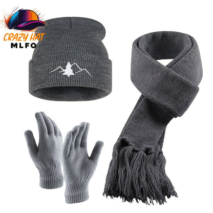 Unisex Winter Set Mütze Schal Handschuhe – Gestrickt mit Bergmotiv – In verschiedenen Farben
