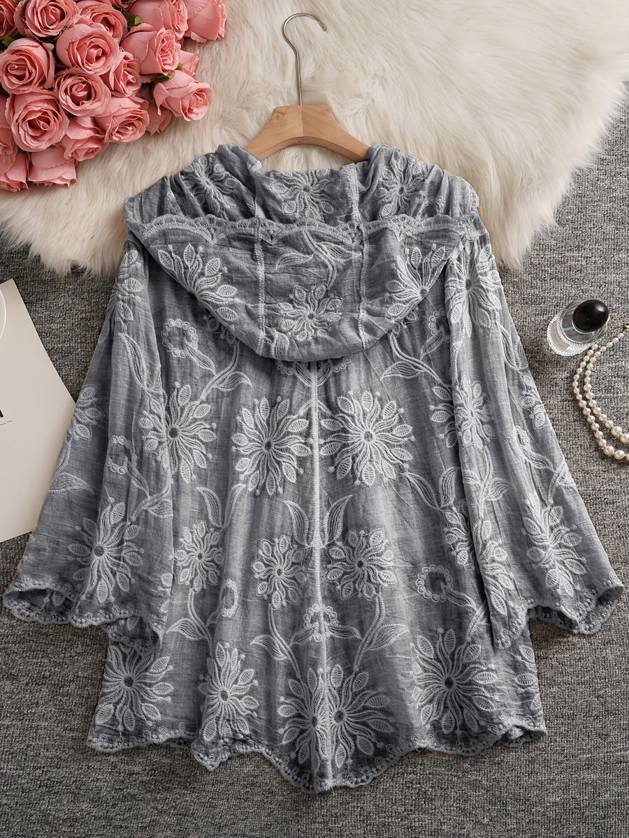 Damen Bestickte Bluse mit Kapuze, Langarm, Floral, Grün