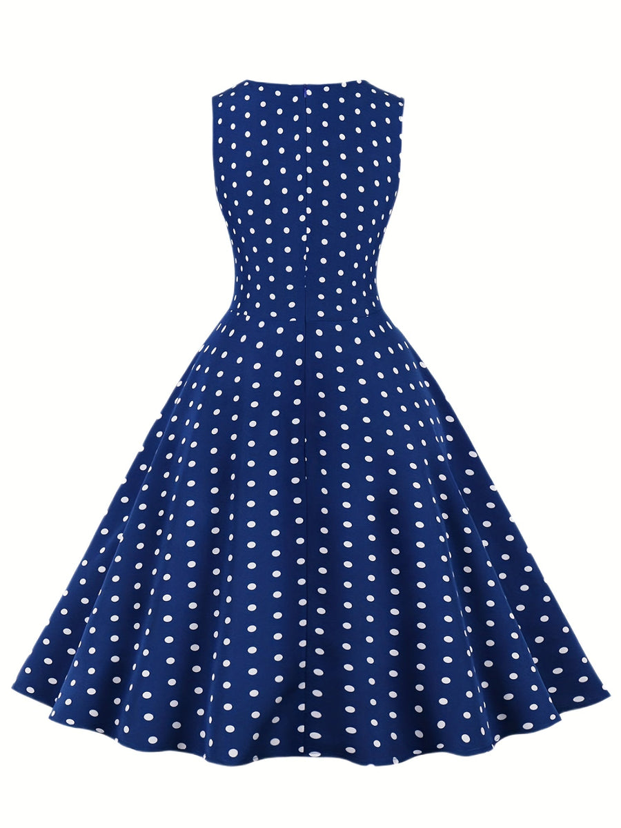 Damen Vintage Rockabilly Polka Dots Kleid mit Schleifen-Gürtel, Elegant, Ärmelos, Festlich & Alltag