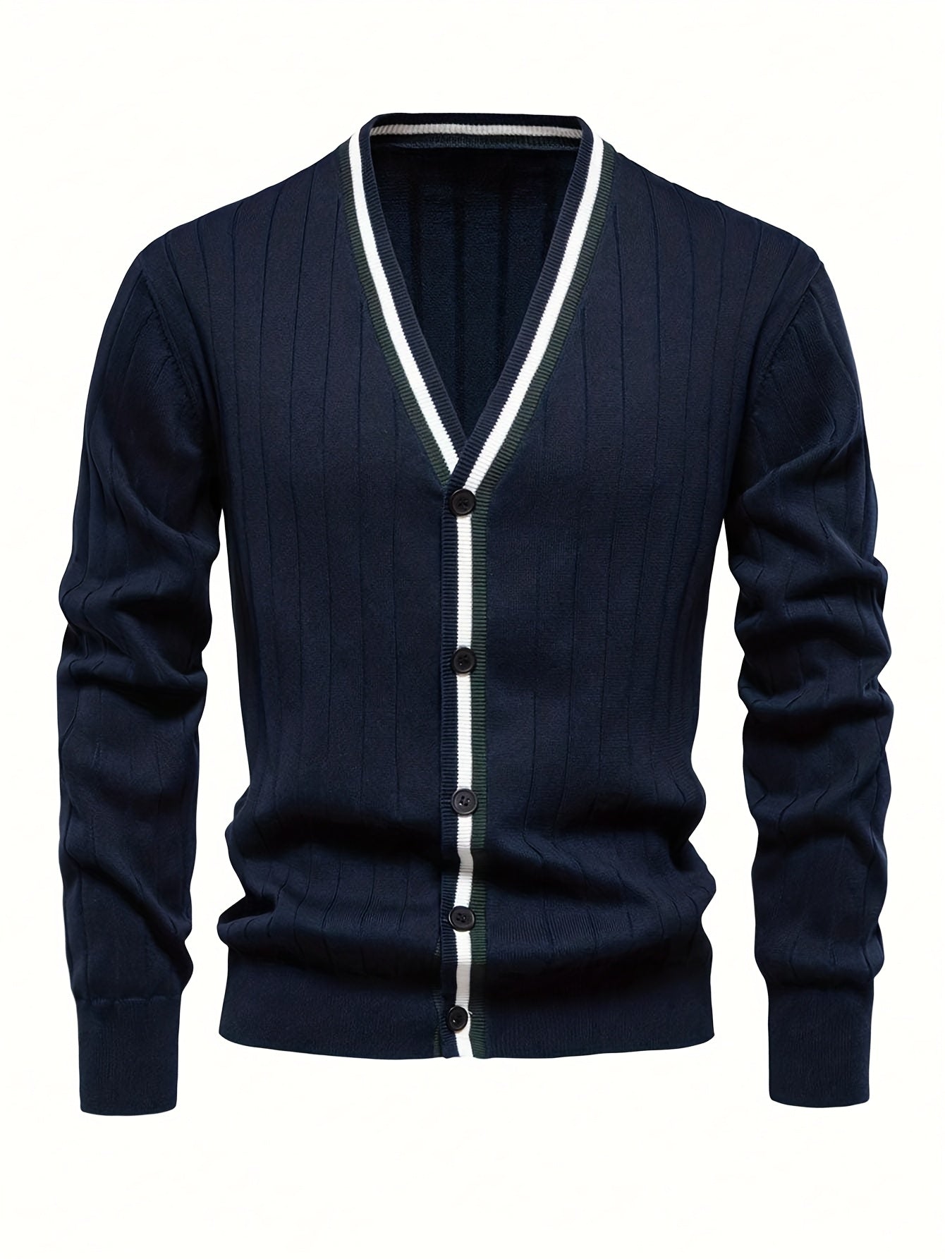 Herren Rippstrick Cardigan Marineblau mit V-Ausschnitt & Kontraststreifen