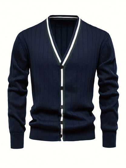 Herren Rippstrick Cardigan Marineblau mit V-Ausschnitt & Kontraststreifen