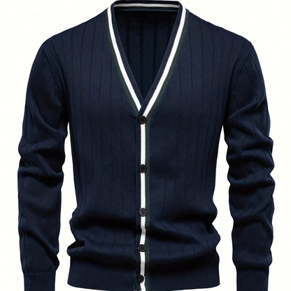 Herren Rippstrick Cardigan Marineblau mit V-Ausschnitt & Kontraststreifen