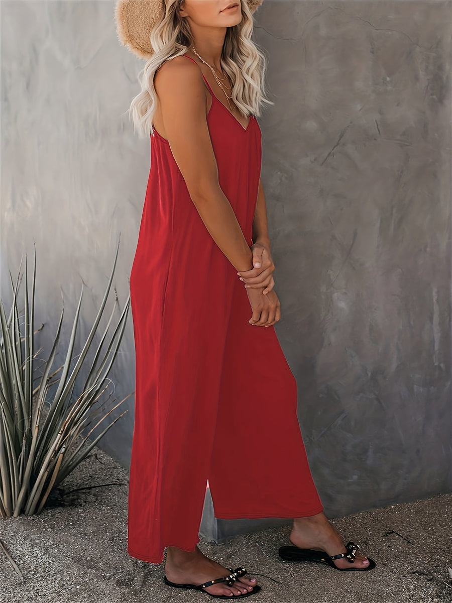 Damen Weite Casual Jumpsuit mit Spaghettiträgern – Luftiger Einteiler für Freizeit & Urlaub