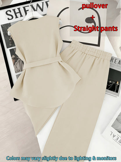 Damen Zweiteiler Set Elegant – Pullover mit Gürtel & Gerade Hose, Modernes Business Outfit
