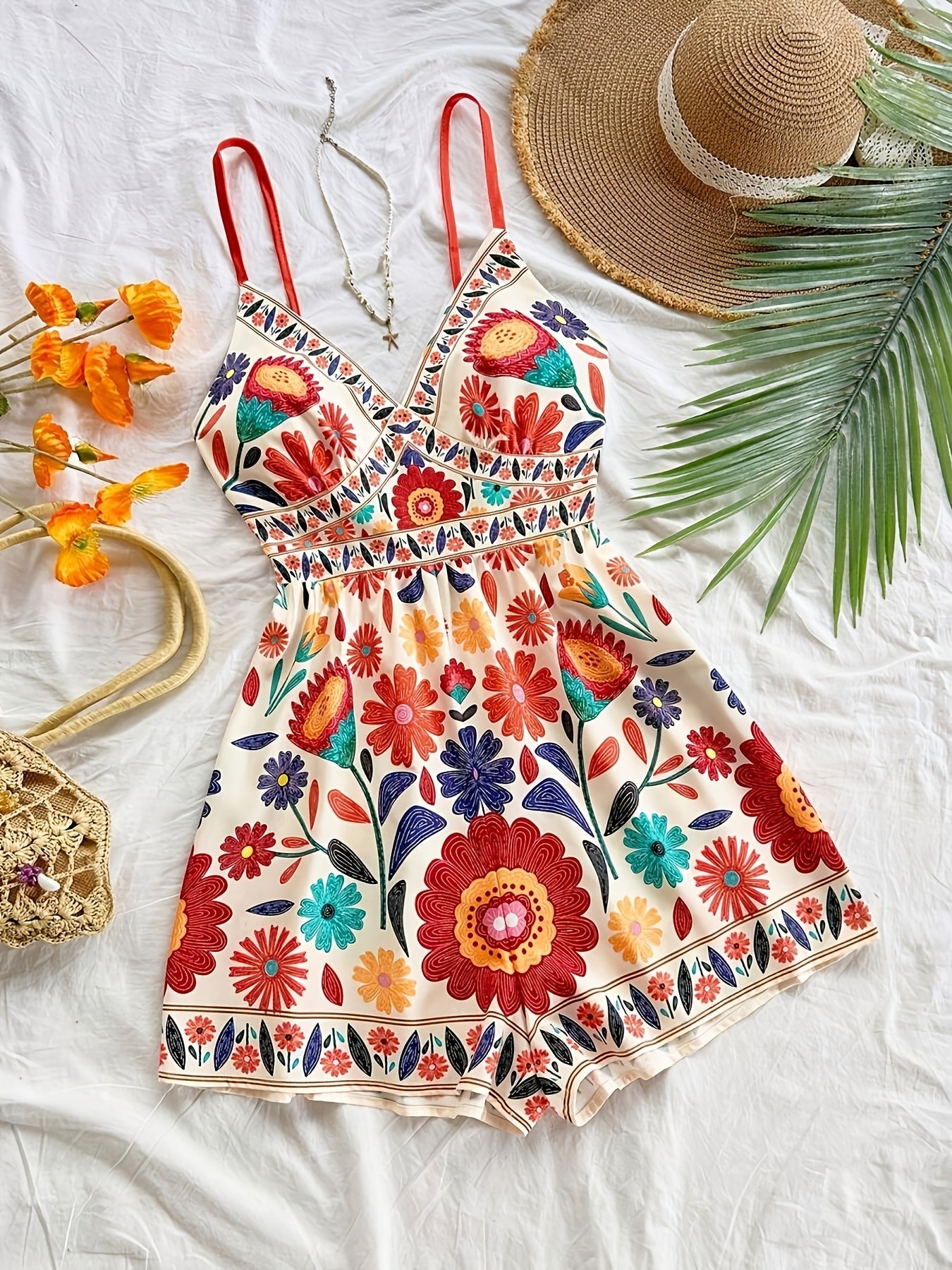 Damen Jumpsuit mit Blumenmuster und Spaghettiträgern – Verspielter Einteiler für Freizeit und Urlaub