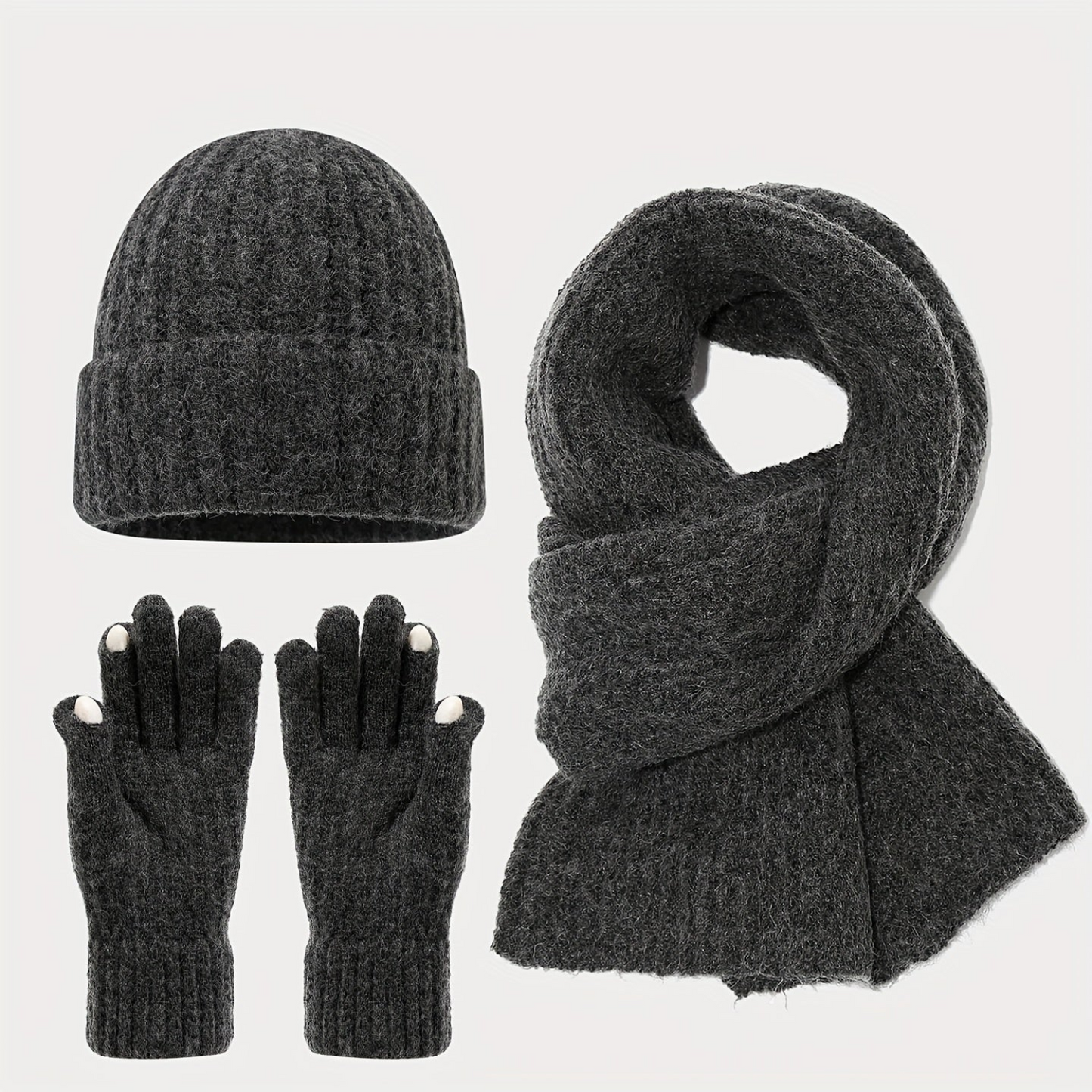 Unisex Strickmütze Schal Handschuh Set Gerippt Beige Winter Accessoire