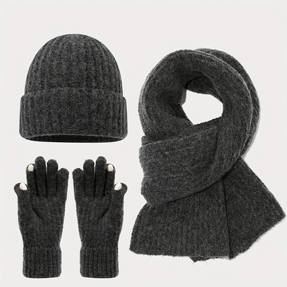 Unisex Strickmütze Schal Handschuh Set Gerippt Beige Winter Accessoire