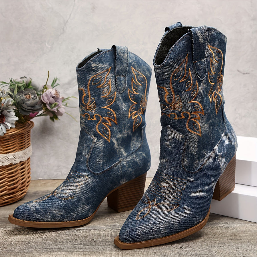Cowboylaarzen dames enkellaarsjes met denimlook, borduursel en blokhak