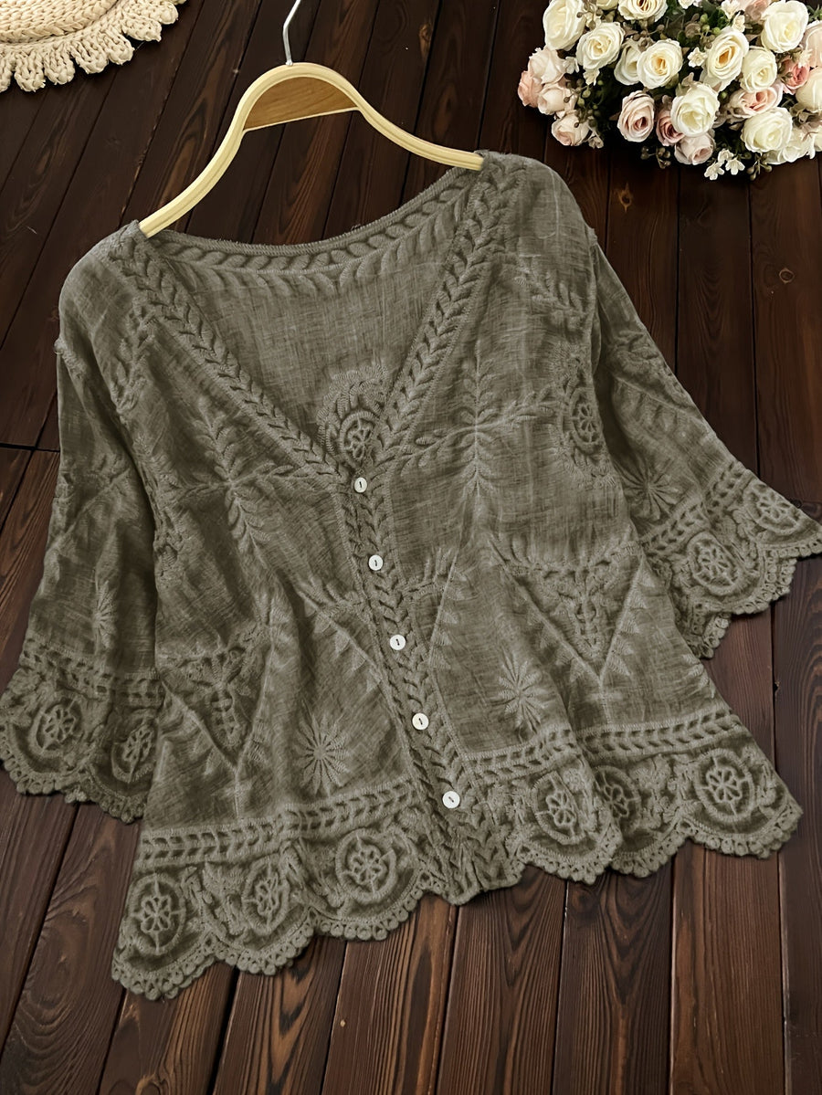 Damen Bluse Stickerei Knopfleiste V-Ausschnitt Tunika Oberteil Langarm Blusen
