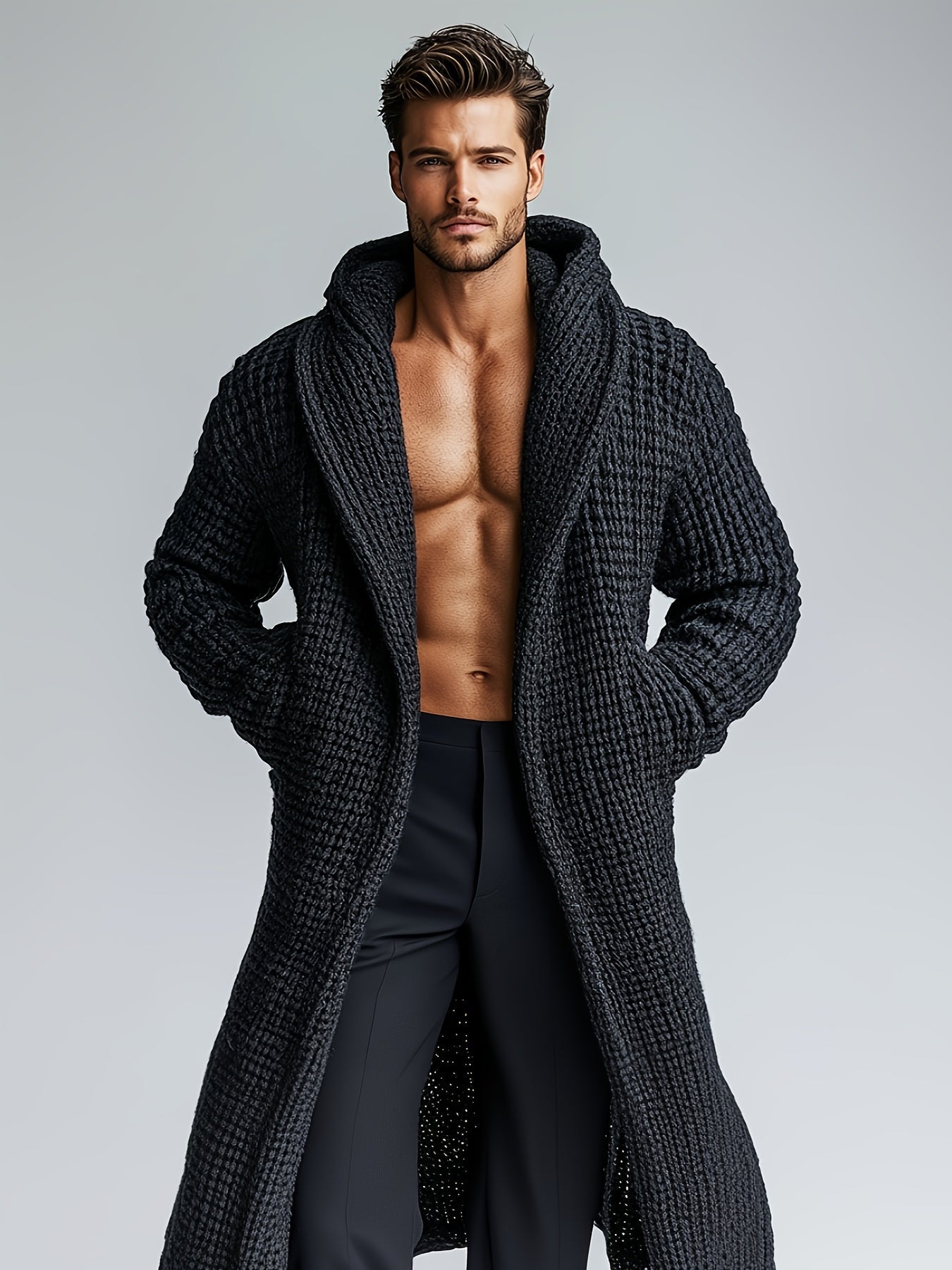 Herren Strickmantel mit Kapuze | Langer Bademantel in Waffelstruktur