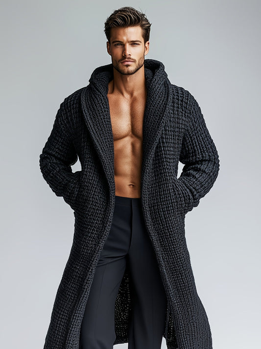 Herren Strickmantel mit Kapuze | Langer Bademantel in Waffelstruktur