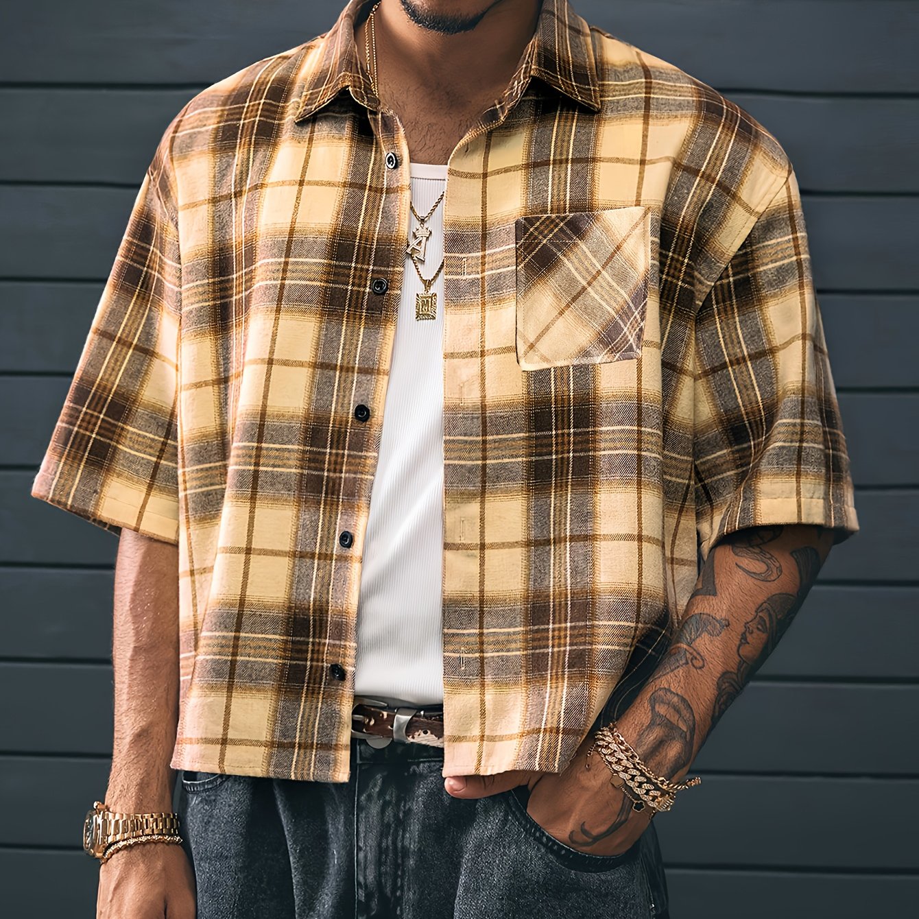 Herren Kurzarm Hemd Kariert Relaxed Fit Streetstyle